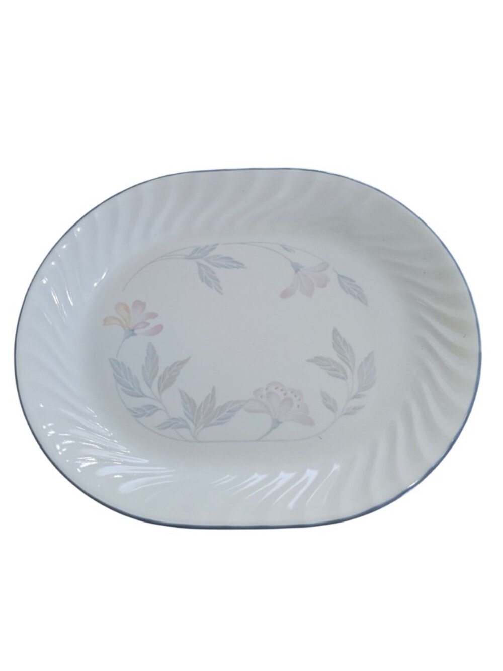 Corelle Pink Trio Platter 12" white blue band floral oval swirl on border - Picture 3 of 9